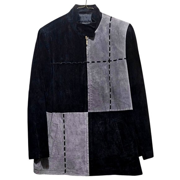 Terry Classics Luxury Black & Gray Patchwork Suede Jacket With Zip & Snap Closur - Picture 1 of 9